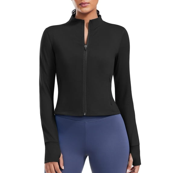 Pinspark Women's Running Workout Athletic Jackets Lightweight Long Sleeve Yoga Jacket Cropped Zip Up Active Jacket with Pockets