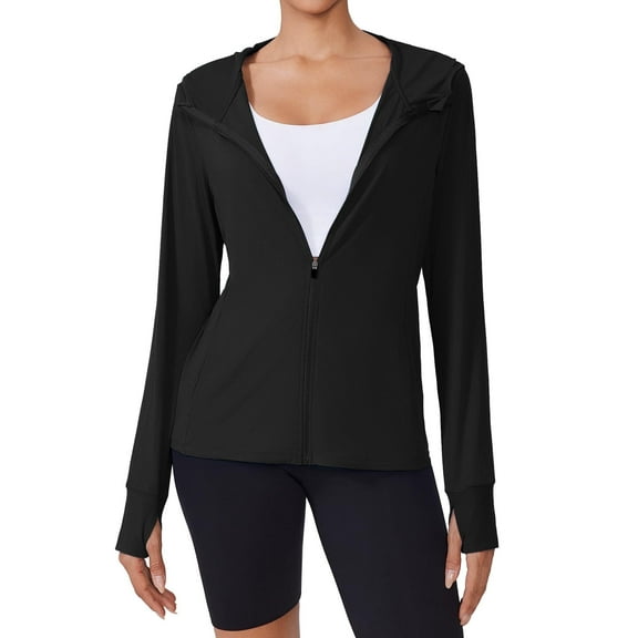 PINSPARK Women's Sun Protection Athletic Jackets with Hood Lightweight Long Sleeve Track Tops Full Zip Up Workout Activewear with Pockets