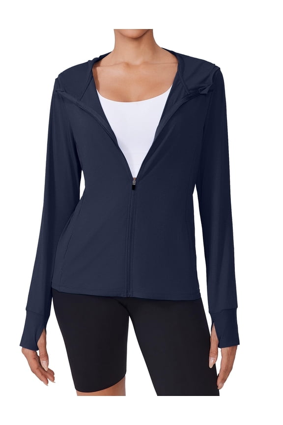 Women's Athletic Hoodie Jackets Sun Protection Slim Fit Track Jacket Lightweight Long Sleeve Performance Shirt with Pockets
