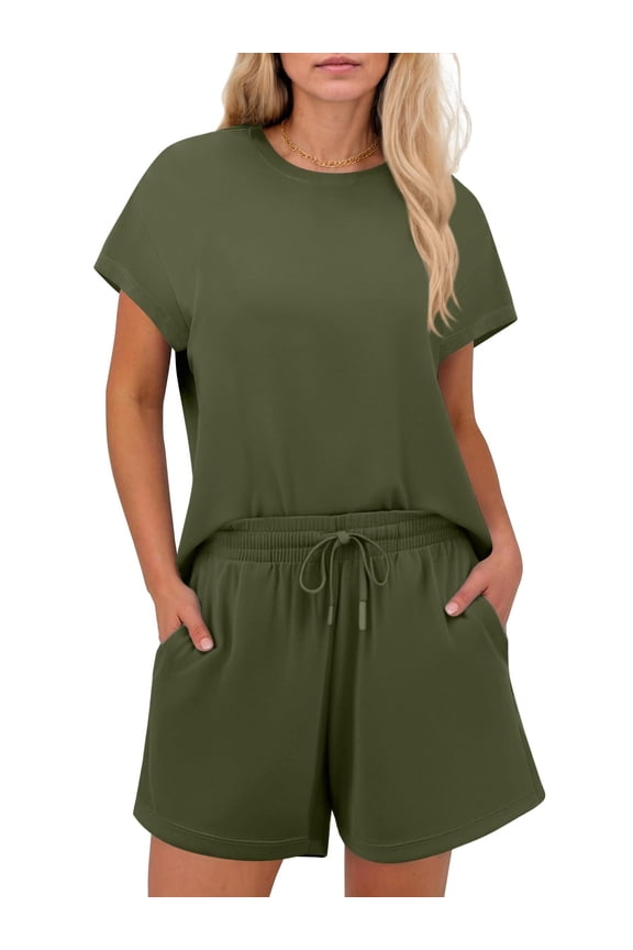 Womens Loungewear Set 2 Piece Drop Shoulder Short Sleeves Matching Shorts Set Athleisure Airport Outfit Summer 2025