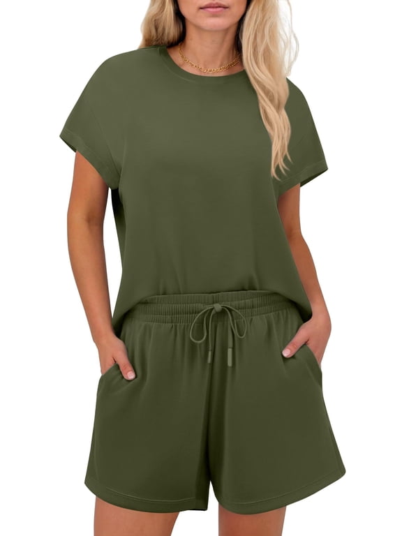 Womens Loungewear Set 2 Piece Drop Shoulder Short Sleeves Matching Shorts Set Athleisure Airport Outfit Summer 2025