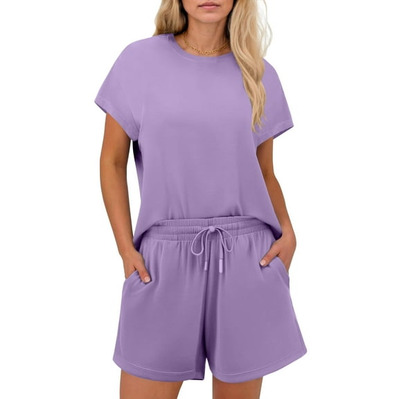 PINSPARK Travel Outfits for Women 2 Piece Sets Short Sleeves Airport Outfits with Pockets Drawstring Loungewear Sets Summer 2025 Trendy