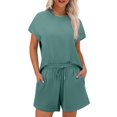 thumbnail image 1 of Pinspark Two Piece Lounge Sets for Women Crewneck Sweatsuit with Pockets Drawstring Shorts Travel Outfit Summer 2025 Casual Athleisure Wear, 1 of 8