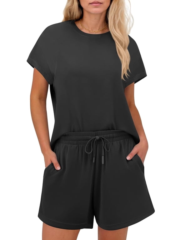 Two Piece Lounge Set for Women Summer 2025 Knitted Outfit Drawstring Shorts Sweatsuits Set for Casual Travel