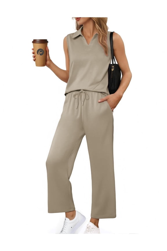 Lounge Sets for Women Summer Vacation Outfits 2 Piece Sleeveless Side Slits Tops and Wide Leg Pants Matching Casual Clothing