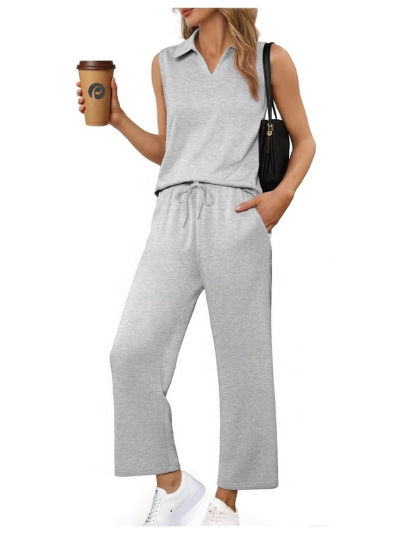 Two Piece Sets for Women 2025 Summer Sweatsuits V Neck Tracksuit Sleeveless Side Slit Tops and Sweatpants with Pockets