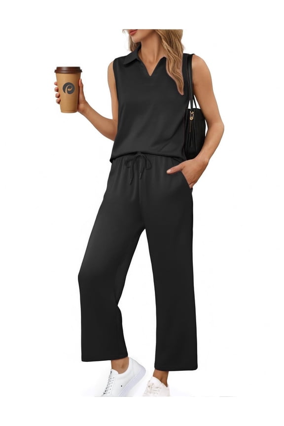 Womens Sweatsuits 2 Piece Set Spring Lounge Sets Sleeveless V Neck with Side Slits Tops Matching Outfits for Yoga Travelling Jogging