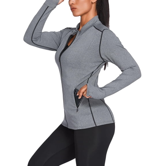 Pinspark Women's Sports Jacket Workout Running Jackets Full Zip-up Track Tops Flim Fit Activewear Light Gray