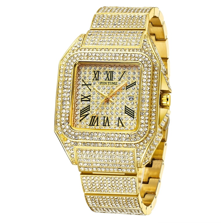 PINTIME Man Watch Luxury Diamonds Ice Out Square Quartz  display picture 1