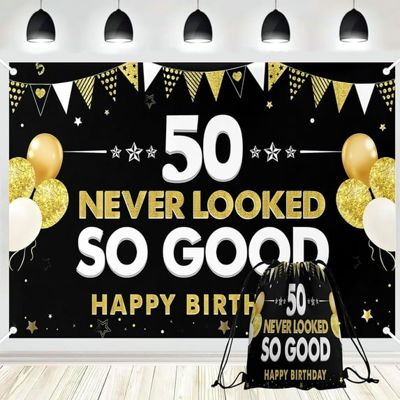 PINUO 5x3ft 50 Never Looked So Good Banner Backdrop with Drawstring Bag- Funny Happy 50th Birthday Decorations Party Supplies for Men Women - Black Gold