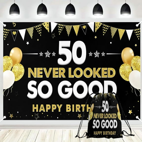 PINUO 8x4ft 50 Never Looked So Good Banner Backdrop with Drawstring Bag- Funny Happy 50th Birthday Decorations Party Supplies for Men Women - Black Gold