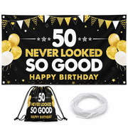 PINUO 8x4ft 50 Never Looked So Good Banner Backdrop with Drawstring Bag- Funny Happy 50th Birthday Decorations Party Supplies for Men Women - Black Gold