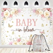 PINUO Baby in Bloom Backdrop Banner with Drawstring Bag Butterfly Backdrop Decorations for Baby Shower 5x3ft Girls Floral Golden Dot A Little Butterfly is On The Way Baby Shower Decorations Banner