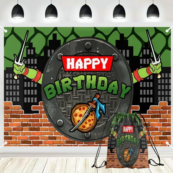 PINUO Green Turtle Happy Birthday Party Photography Backdrop with Drawstring Bag, 7x5FT Cartoon Background Photo Booth Banner Props for Fans Adults Birthday Baby Shower Party Decorations Supplies