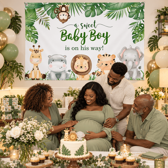 PINUO Jungle Safari Baby Shower Backdrop With Drawstring Bag, A Sweet Baby Boy is on His Way Wild Green Leaves Animals Cake Table Decorations Banner Photography Background 5x3ft