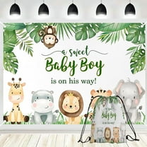 PINUO Jungle Safari Baby Shower Backdrop With Drawstring Bag, A Sweet Baby Boy is on His Way Wild Green Leaves Animals Cake Table Decorations Banner Photography Background 7x5ft