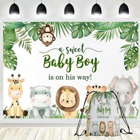 PINUO Jungle Safari Baby Shower Backdrop With Drawstring Bag, A Sweet Baby Boy is on His Way Wild Green Leaves Animals Cake Table Decorations Banner Photography Background 7x5ft