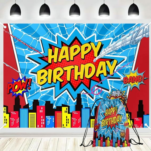 PINUO Spider Backdrop Happy Birthday Red City Colorful Background Backdrop for Birthday Party Decorations Banner Photo Booth Props 5x3ft