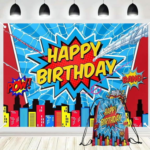PINUO Spider Backdrop Happy Birthday Red City Colorful Background Backdrop for Birthday Party Decorations Banner Photo Booth Props 7x5ft