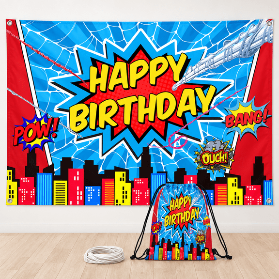 PINUO Spider Backdrop Happy Birthday Red City Colorful Background Backdrop for Birthday Party Decorations Banner Photo Booth Props 8x4ft