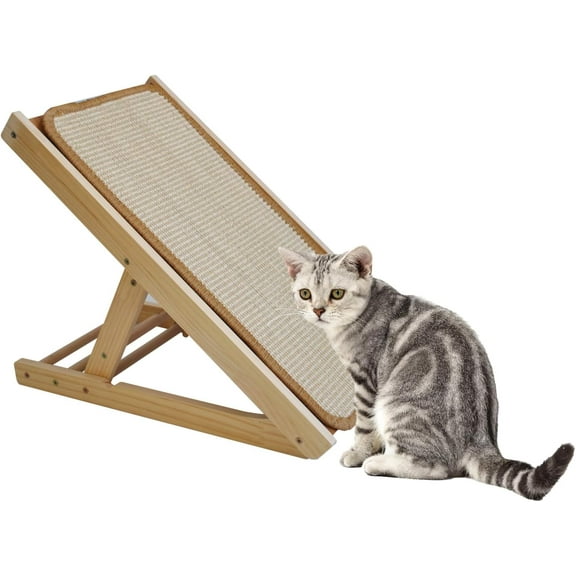 PINVNBY Tilted Angled Cat Scratcher Ramp with Replaceable Natural Sisal Mat,Incline Wooden Cat Scratching Board Three Different Adjustable Height Cat Scratch Pad Bed for Indoor Cats Kitten
