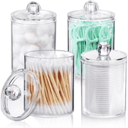 PINYU 4-Piece Clear Plastic with Bamboo Lids Q-Tip Holder Dispenser Apothecary Jars
