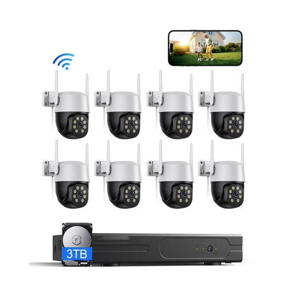 PIOJER 5MP WiFi Security Camera System, 8-Camera NVR Kit with 3TB Hard Drive, PTZ Cameras, Night Vision, No Monthly Fee