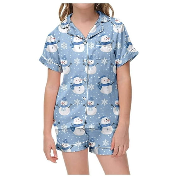 PIOMLL Christmas Pajamas For Girls Set Kids' Classic Print Button Down Collar Short Sleeve Top & Shorts Blue Fall Clothes 2-3 Years