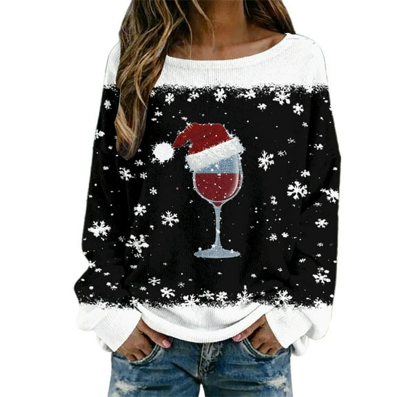 PIOMLL Christmas Tshirts Shirts for Women Knit Stripe Cozy Crewneck Holiday Party Family Gathering Festive Black Classic Fall Tees L