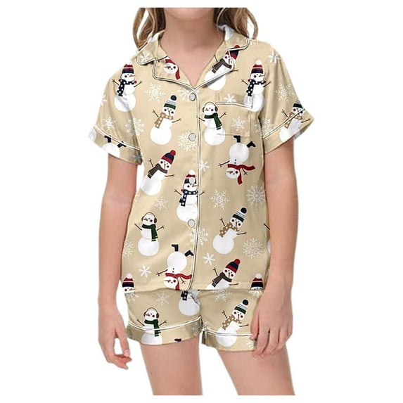 PIOMLL Girls Christmas Pajamas Set Kids' Classic Print Button Down Collar Short Sleeve Top & Shorts Light Pink Fall Home Set 12-13 Years