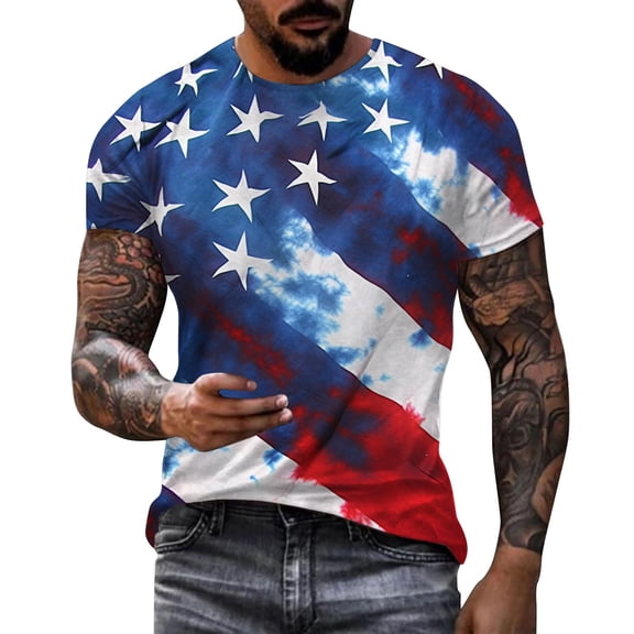 PIOMLL Graphic Tees for Men Independence Day Print Short Sleeve Floral Trend Bottoming Red Fall Top 4XL