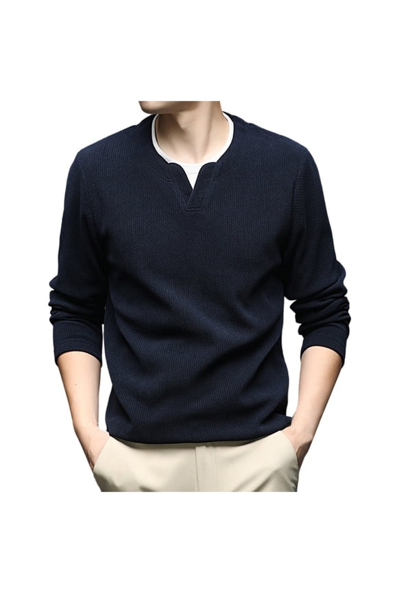 Mens Shirts And Tops Long Sleeve Layered With Inner Layer Two Piece Design Crew Neck Navy Going Out Fall Tops 2XL