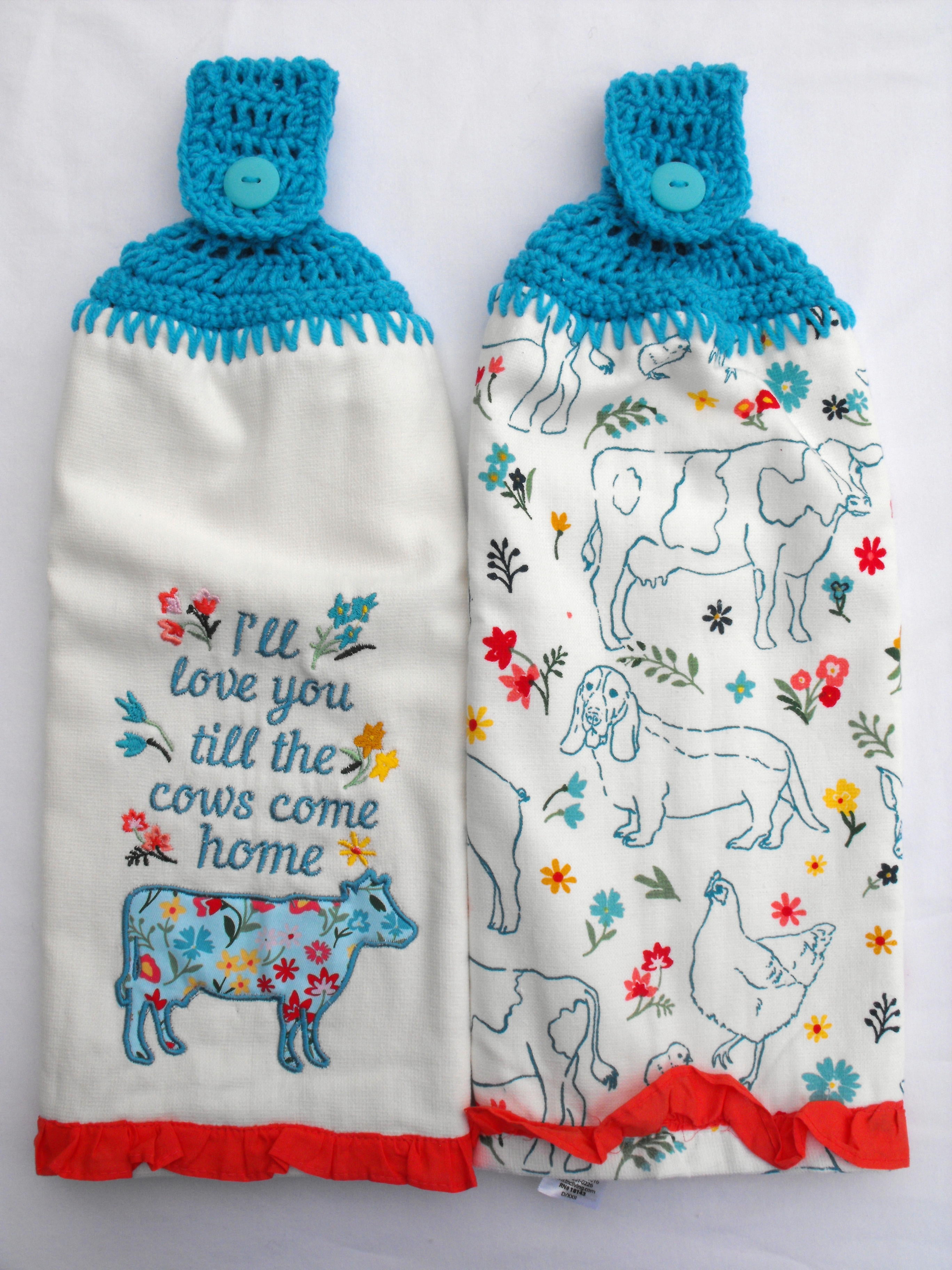 PIONEER CHARLIE - COWS - 2 HANDMADE CROCHET TOP HANGING KITCHEN TOWELS