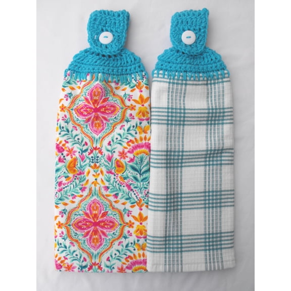 PIONEER FOLK GEO - 2 DOUBLE/FULL HANDMADE CROCHET TOP HANGING KITCHEN TOWEL - TURQUOISE TOPPER