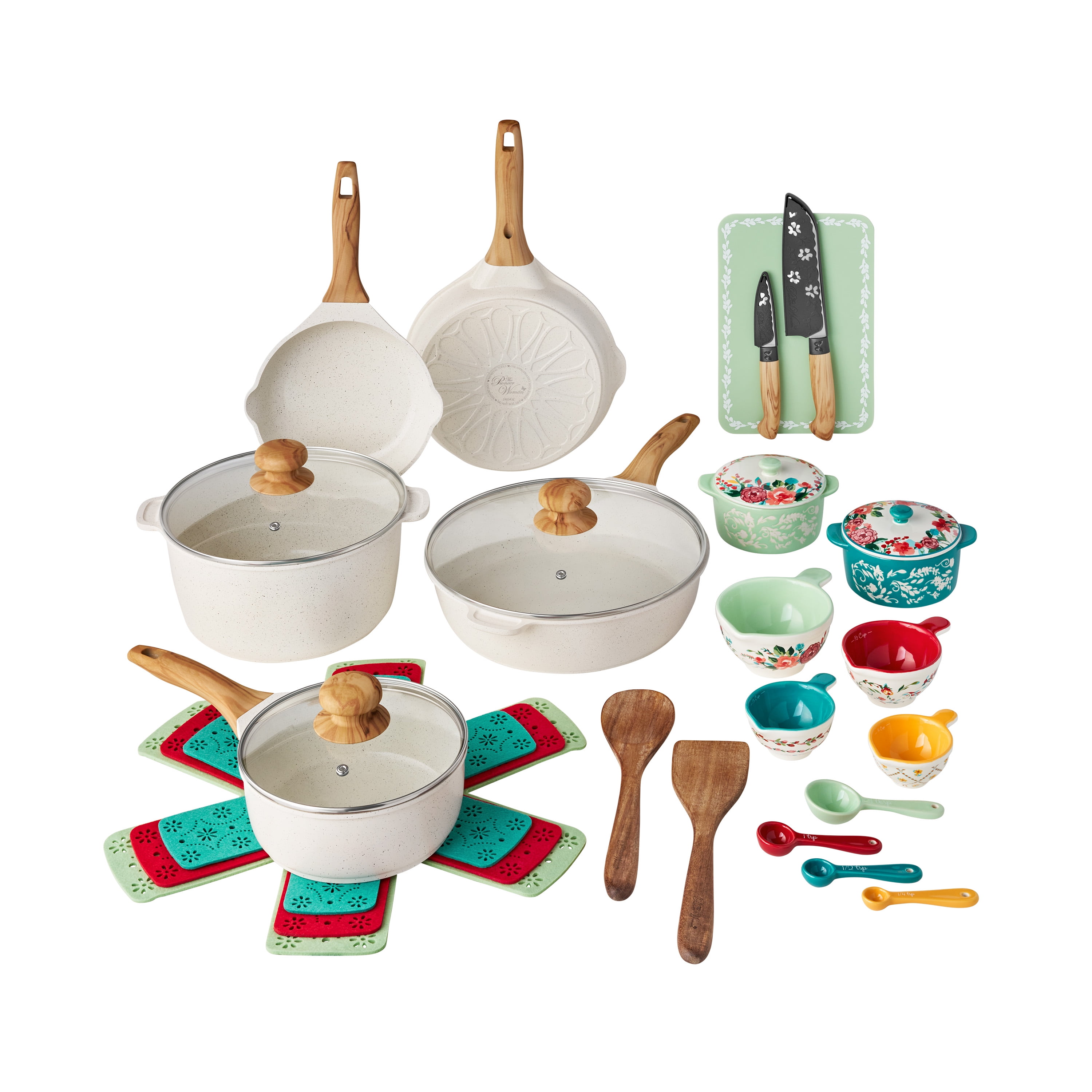 The Pioneer Woman Prairie Signature 30-Piece Cast Aluminum Cookware Set, Linen Speckle - Walmart.com