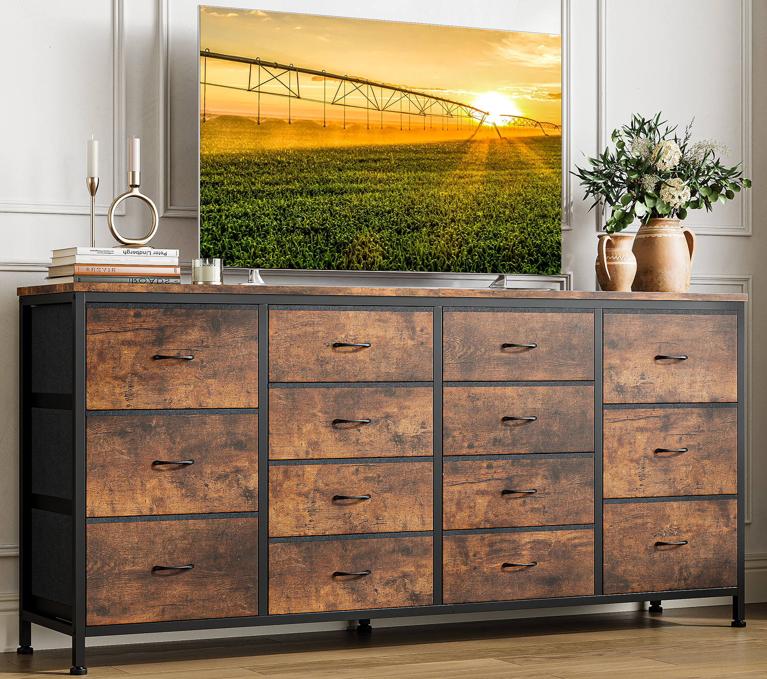 PIONEERWORKS 14-Drawer Dresser TV Stand, 63" Wide Fabric Storage Cabinet with Power Outlets for Bedroom, Entertainment Center for 65-75 Inch TVs, Black