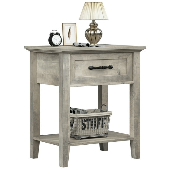 PIONEERWORKS 2-Tier Nightstand with Drawer & Storage Shelf, Side End Table for Living Room, Bedroom, Dorm, Gray