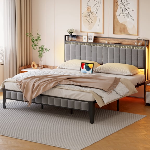 PIONEERWORKS Full Bed Frame with Storage Headboard, LED Bed Frame with Charging Station, Upholstered Platform Bed Frame, Gray