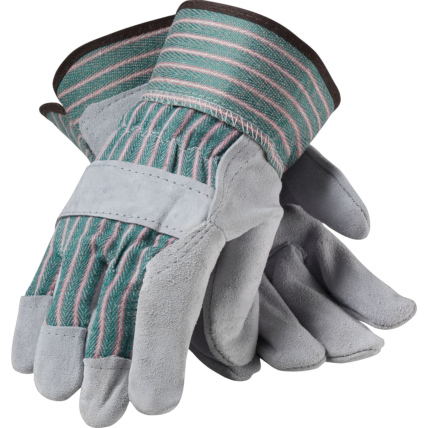 Bronze Series Leather/Fabric Work Gloves, X-Large (Size 10), Gray/Green, 12 Pairs