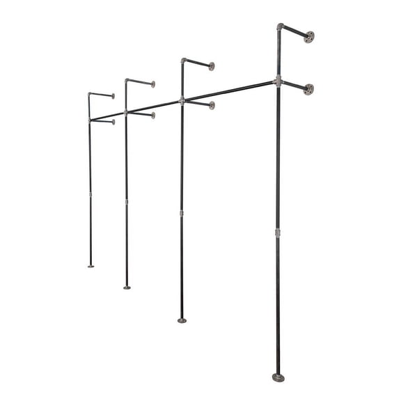 PIPE DECOR 115" Black Steel Wall- and Floor-Mounted Modular Pipe Clothing Rack Kit, DIY Industrial Open Wardrobe for Home or Retail Spaces