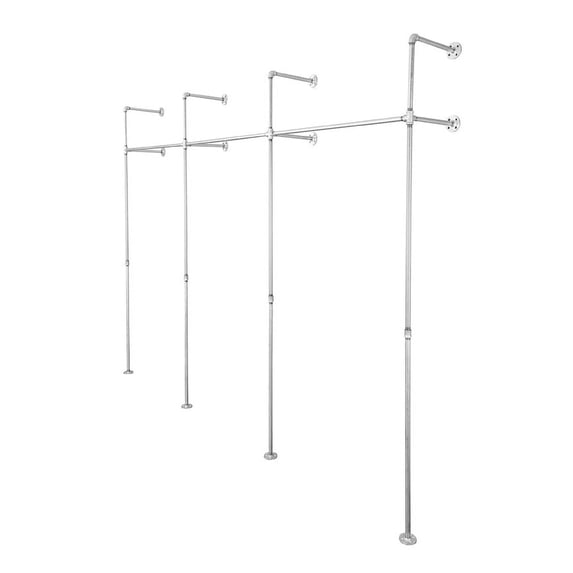 PIPE DECOR 115" Galvanized Steel Wall- and Floor-Mounted Modular Pipe Clothing Rack Kit, DIY Industrial Open Wardrobe for Home or Retail Spaces