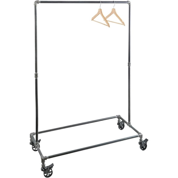 PIPE DECOR 39β x 20 ΒΌβ x 58β Rolling Steel Pipe Clothing Rack, or Residential Clothes Display, Heavy Duty Black Steel Metal Wheeled Garment Frame