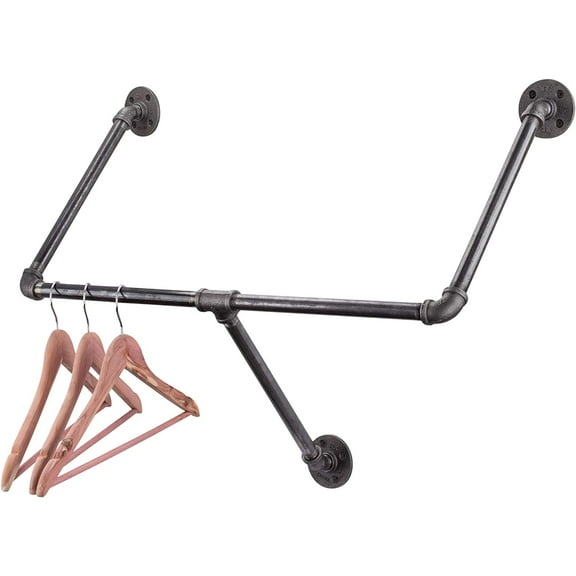 PIPE DECOR Industrial Pipe Wall Mounted Clothing Rack, Commercial or Residential Wardrobe Clothes Display, Heavy Duty Rustic Vintage Steel Grey Black Metal Garment Bracket Frame, Tri Flange Style