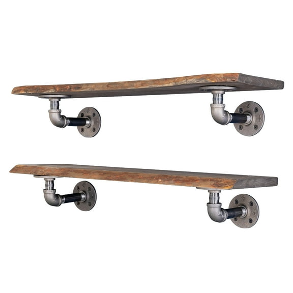 PIPE DECOR Live Edge Wood Shelves with L Shaped Pipe Brackets Boulder Black 24 in.