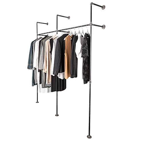 PIPE DECOR Wall and Floor Mounted Modular Clothing Rack, 76.38 in W x 87.5 in H, Black Steel Pipe, Fittings and Flanges, Industrial Design and Look for Home, Retail or Commercial U