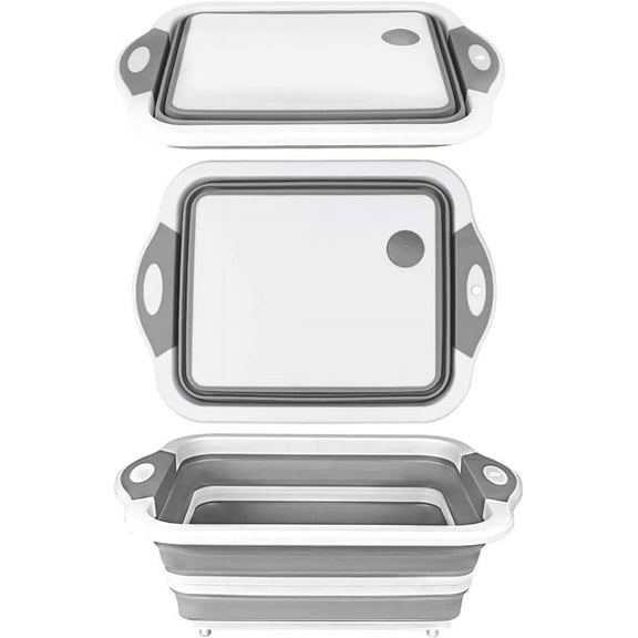 PIPETPET 3 in 1 Collapsible Cutting Board and Colander, Camping Wash Basin, Multi-Function Foldable Silicone Dish Tub (Grey&White)