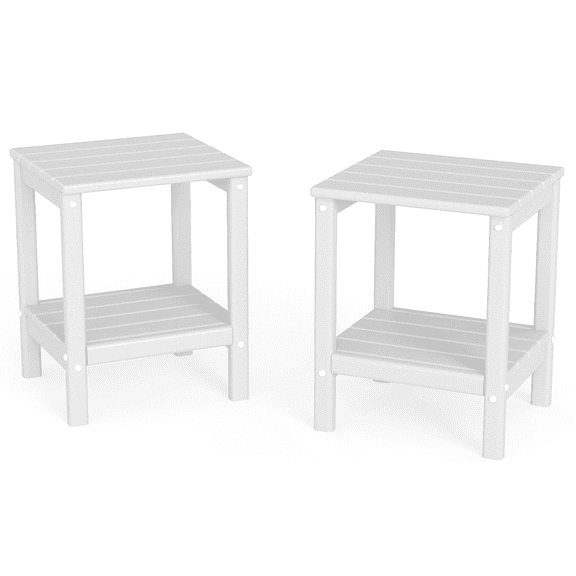 PIPOPA Adirondack Outdoor Side Table Set of 2,HDPE All Weather Double Layer Patio Side Table,Rectangular End Table for Garden Balcony Pool,White