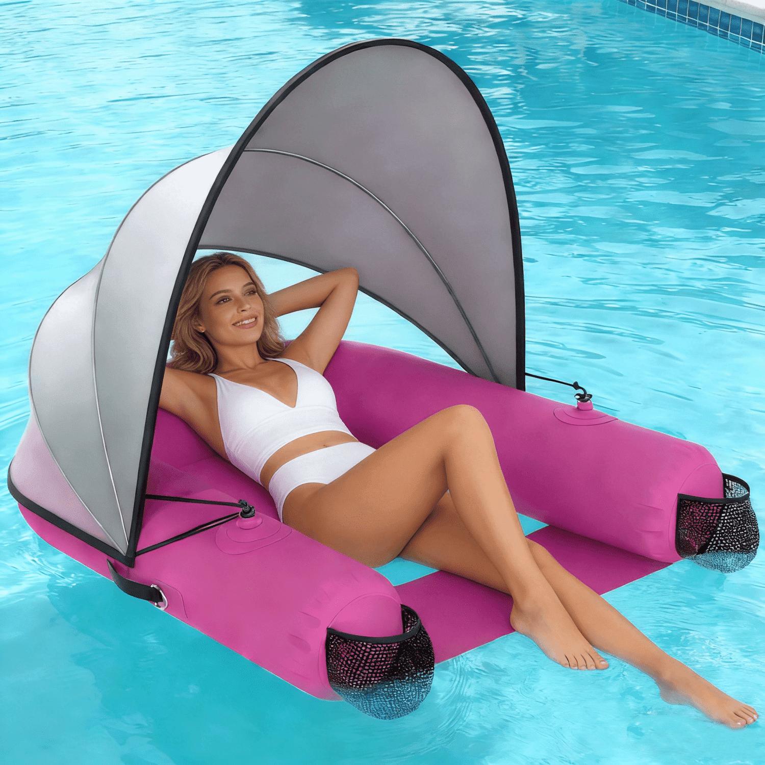 Pipopa Adult Inflatable Pool Floats&nbsp;with UPF50+ & Rain Canopy,2 Large Drink Holders,Inflatable Lounger Float for Swimming Pool,Beach,Party,Pink