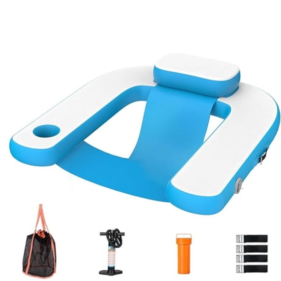 Pipopa Adults Inflatable Pool Float Chair, 3 D-Ring Handles Floating Lounger with Cup Holder & Headrest,Spacious Deep Seat Fits All Body Types, Inflatable Lounger for Pool,Beach,Lake,Blue