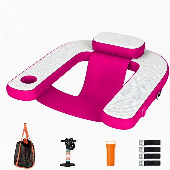 PIPOPA Adults Inflatable Pool Float Chair, 3 D-Ring Handles Floating Lounger with Cup Holder & Headrest,Spacious Deep Seat Fits All Body Types, Inflatable Lounger for Pool,Beach,Lake,Pink
